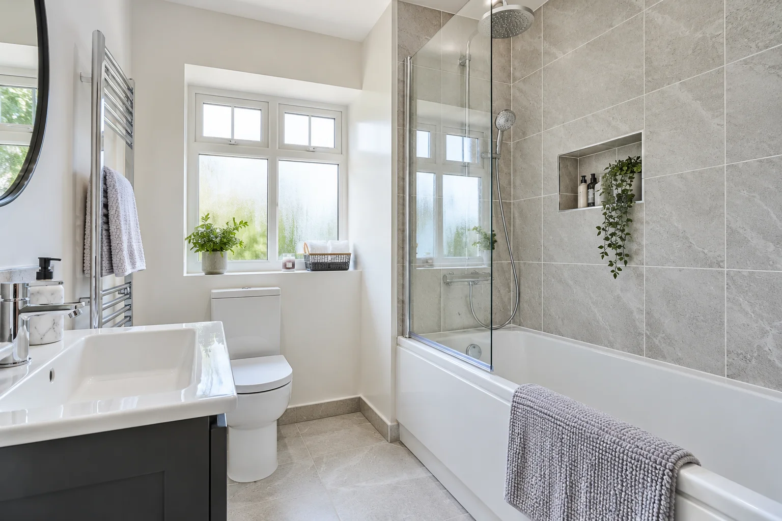 Spotless bathroom with a white bath, glass shower screen and grey tiles